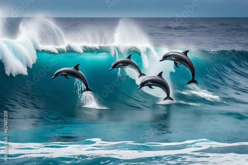dolphins jumping into the water Created using generative AI tools © Faisal Ai
