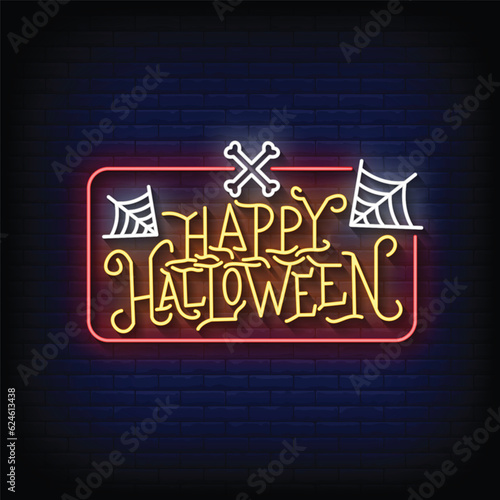 Neon Sign happy halloween with brick wall background vector