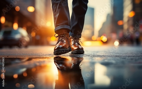 A man walking in the rain on a city street. AI