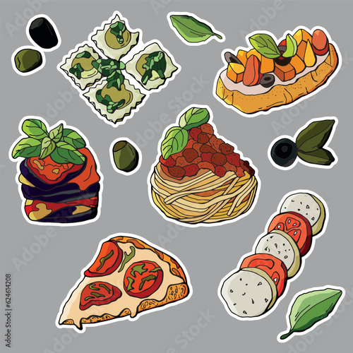 Italian food sticker set. Bruschetta, pizza, ravioli, parmigiana