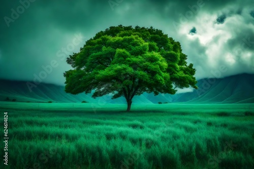 green tree on the green field under the blue clouds Created using generative AI tools