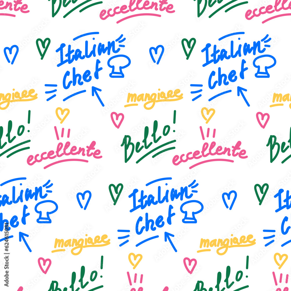 A pattern with inscriptions of admiration in Italian from an Italian chef. The name of the dishes and the joy of tasting them. Modern bright style. Packaging A pattern with inscriptions of admiration in Italian from an Italian chef. The name of the dishes and the joy of tasting them. Modern bright style. Packaging
