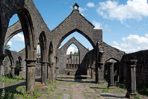 Church ruins and blue skies. View from inside