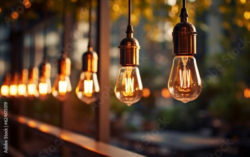 A modern lighting installation with hanging light bulbs. AI