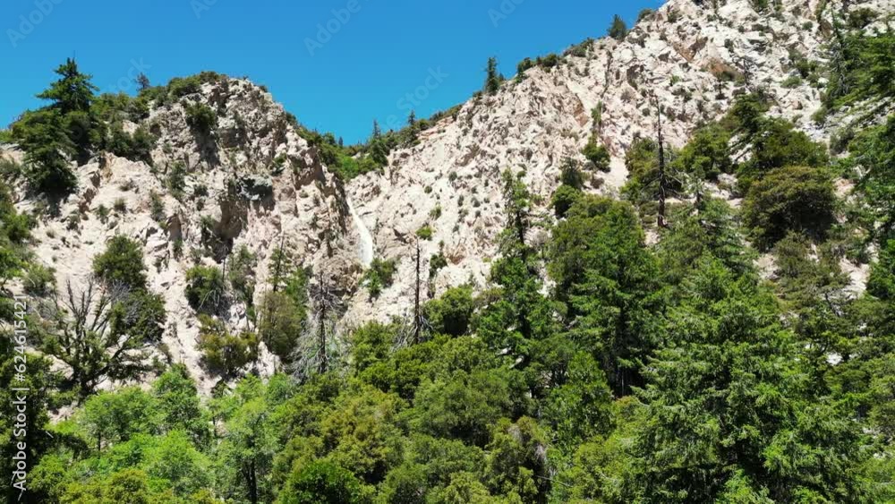 A Drone UAV View of The Forest Falls Mill Creek Big Falls Waterfall in the San Gorgonio National Forest looking at the Waterfall falling off the Mountain A Drone UAV View of The Forest Falls Mill Creek Big Falls Waterfall in the San Gorgonio National Forest looking at the Waterfall falling off the Mountain