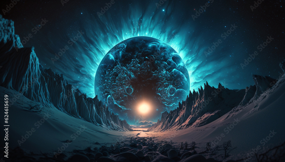 Fototapeta premium Universe expansion from far planet grounds, illustration, landscape wallpaper