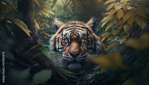 tiger in the jungle, looking for food, hiding in the bush, illustration © AvamPace