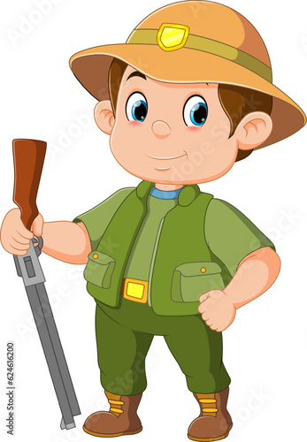 Funny male hunter holding a rifle