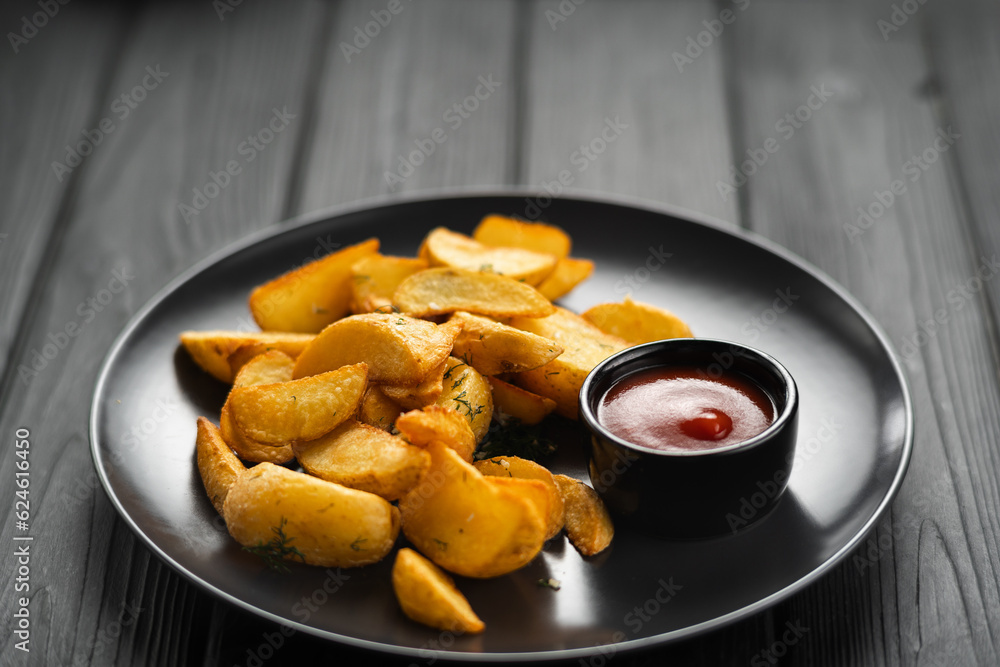 Fried potatoes with ketchup on a plate on a dark wooden background Fried potatoes with ketchup on a plate on a dark wooden background