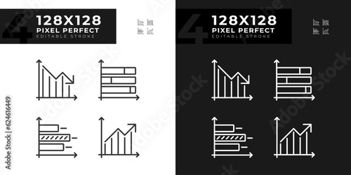 Business performance linear icons set for dark, light mode. Economic research. Financial analysis. Data analytics. Thin line symbols for night, day theme. Isolated illustrations. Editable stroke