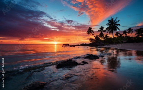 A sunset on a tropical beach with palm trees. AI