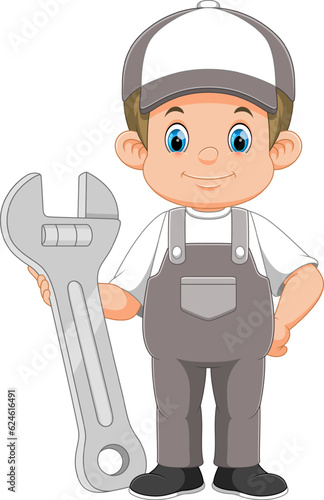 A young mechanic holding huge wrench cartoon character