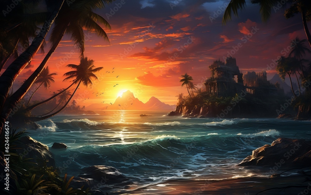 A sunset on a tropical beach with palm trees. AI