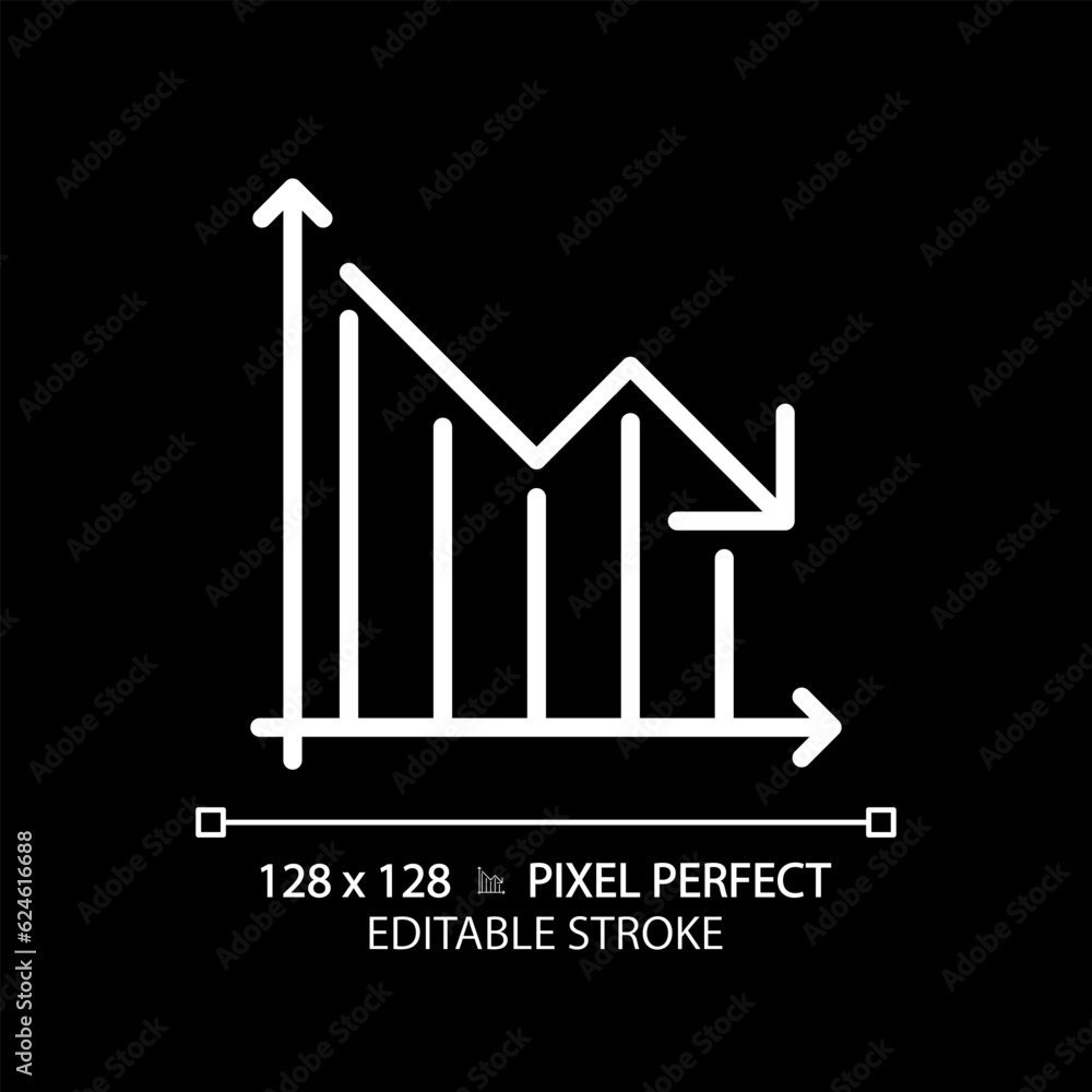 Decrease graph white linear icon for dark theme. Arrow going down. Money diagram. Economic crisis. Recession business. Thin line illustration. Isolated symbol for night mode. Editable stroke Decrease graph white linear icon for dark theme. Arrow going down. Money diagram. Economic crisis. Recession business. Thin line illustration. Isolated symbol for night mode. Editable stroke