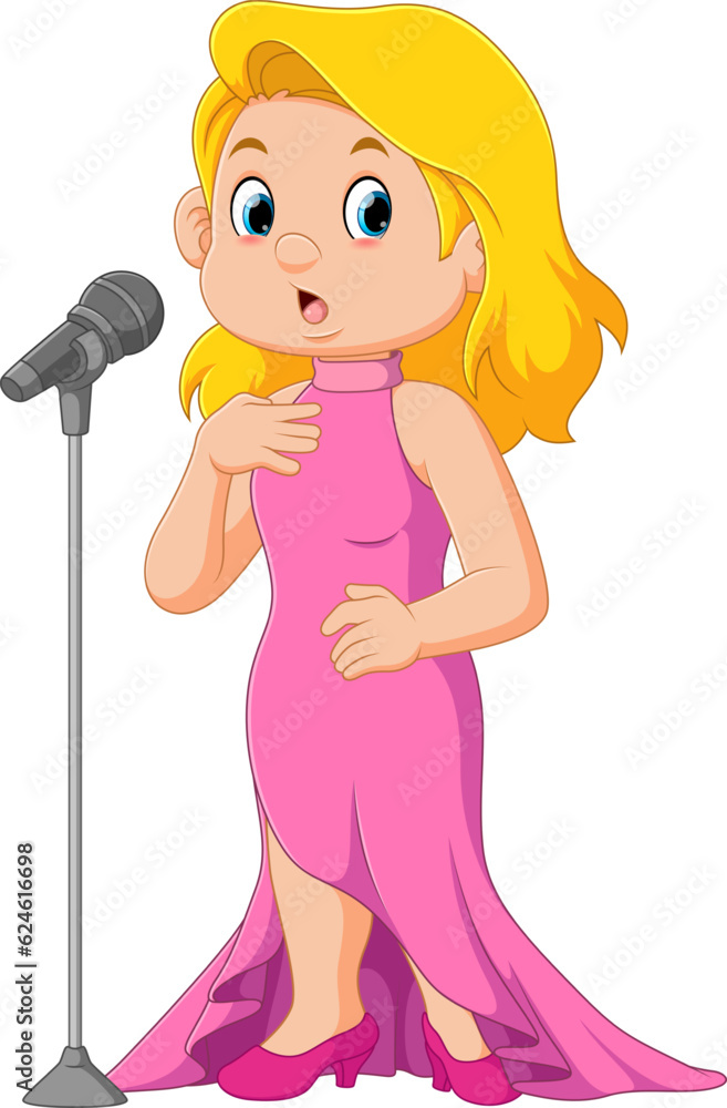 Beautiful woman performing with microphone. Woman singer in evening dress singing song cartoon Beautiful woman performing with microphone. Woman singer in evening dress singing song cartoon