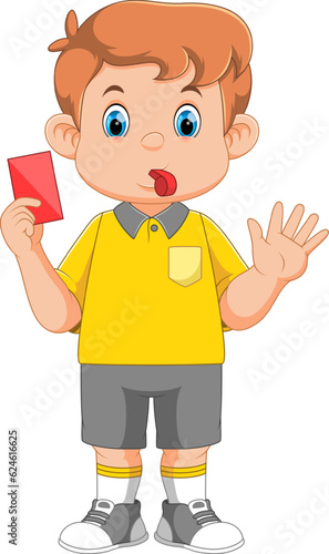 cartoon football referee with headset blowing whistle, holding red card