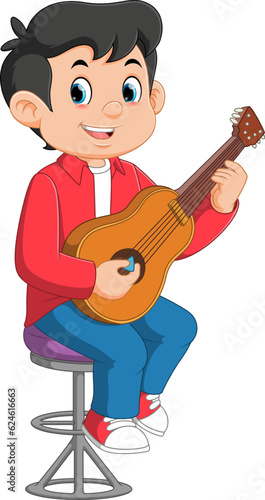 Cartoon happy boy playing guitar