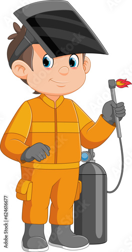Young welder cartoon in action with smile