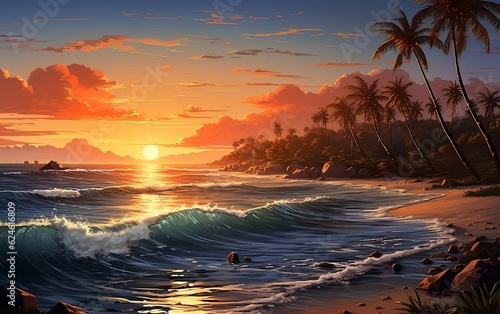 A sunset on a tropical beach with palm trees. AI © Umar