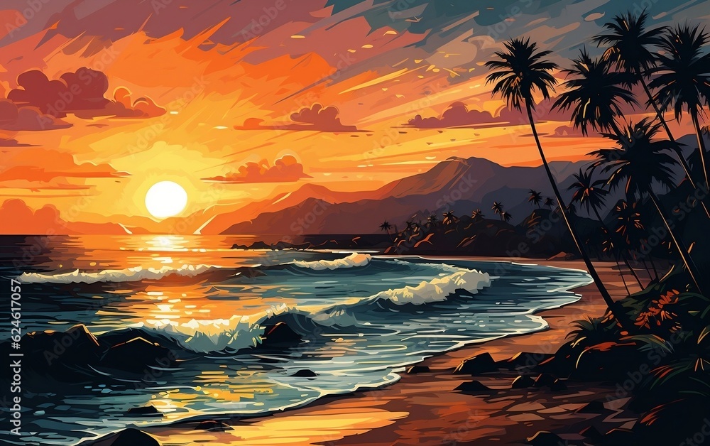 A stunning tropical beach with towering palm trees. AI