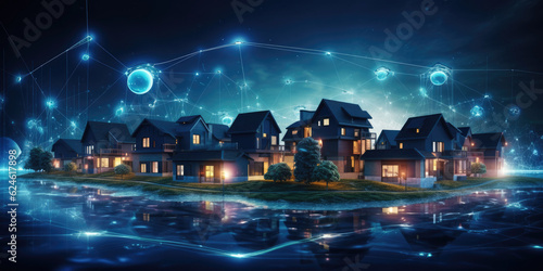 Digital community  smart homes  and digital community. Digital network in society concept. suburban houses at night with data transactions