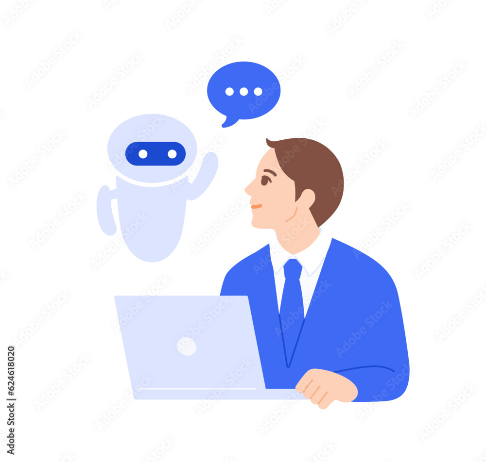 AIを使って業務改善。仕事の効率化を図るビジネスマンのベクターイラスト素材。 AIを使って業務改善。仕事の効率化を図るビジネスマンのベクターイラスト素材。