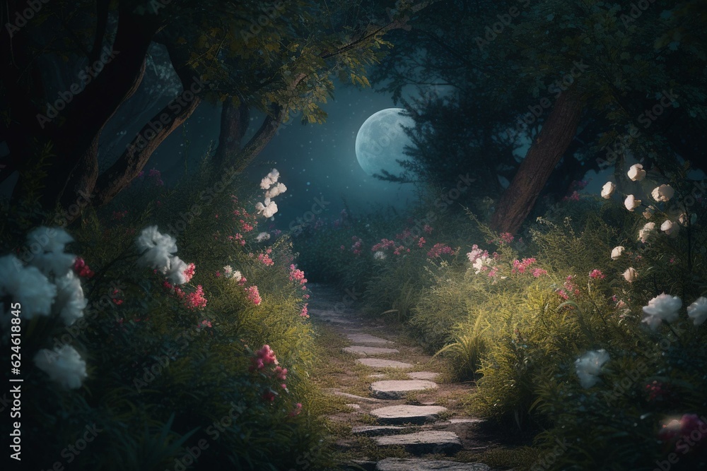 Enchanting forest path with blooming flowers and moonlight. Generative AI