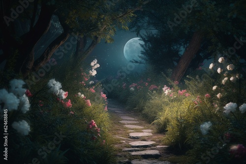 Enchanting forest path with blooming flowers and moonlight. Generative AI