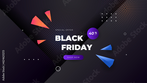 Black Friday Sale Poster. Seasonal discount banner with balloons and purple on black background. Holiday design template for advertising shopping, closeout on thanksgiving day