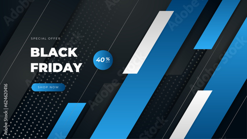 Black friday special offer. Social media web banner for shopping, sale, product promotion. Background for website and mobile app banner, email. Vector illustration in black and blue colors.