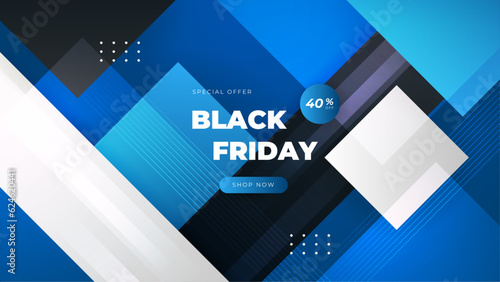 Black Friday Sale Poster. Seasonal discount banner with balloons and blue on black background. Holiday design template for advertising shopping, closeout on thanksgiving day