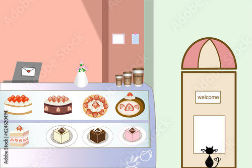 Cafe pastel showing many type of cake for background backdrop cafe canteen concept 