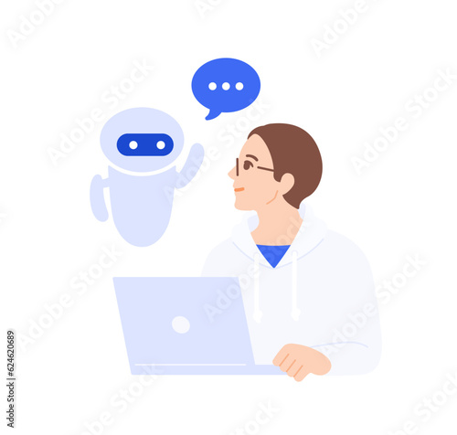 AIがアシスト役として仕事をサポートしてくれている様子。ベクターイラスト素材。
