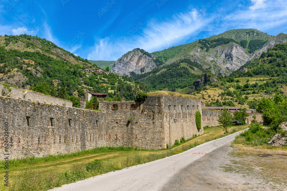 Narrow road and old military fort in the mountains in Vinadio, Italy.