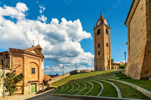 Slika na platnu Small church, belfry and open air amphitheater in small town of Monforte d'Alba, Italy
