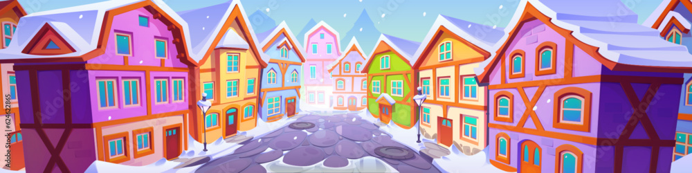 Old german town street. European city or village with medieval houses. Winter landscape with fachwerk buildings, snow and road in perspective view, vector cartoon illustration
