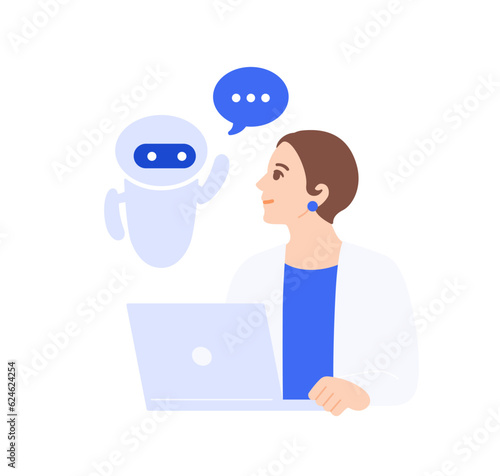 AIが仕事をサポート。そのおかげで生産性が向上した女性のベクターイラスト素材。