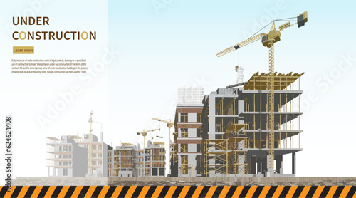 Construction site with a tower crane. Construction of residential buildings.Vector illustration