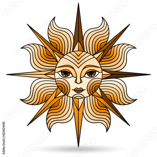Illustration in stained glass style with sun with face on a white background isolated  tone brown