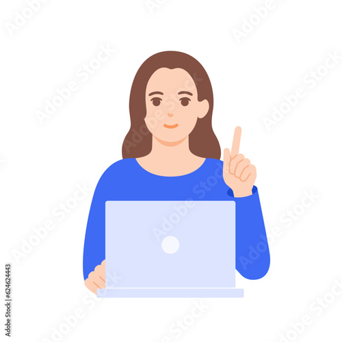 パソコンを前に指を指すデザイナー。何かヒントを得た様子の女性。ベクターイラスト素材。