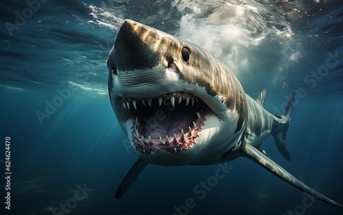 A majestic great white shark displaying its impressive jaws in a powerful pose. AI © Umar
