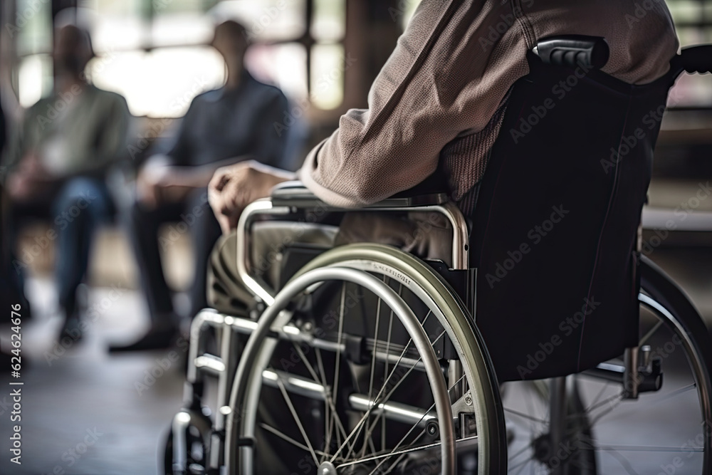 Disabled man sitting in a wheelchair is full-fledged participant at a meeting in the office, created with Generative AI