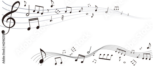 遠近感のある楽譜のフレームイラスト　五線譜　背景イラスト　音符、休符、音楽記号のイラスト