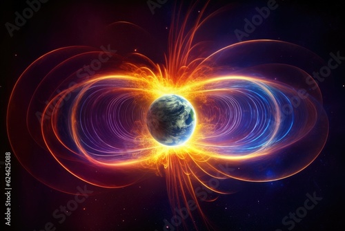 Magnetic lines of force surrounding Earth known as the magnetosphere deflecting solar wind and radiation from the Sun. Generative AI