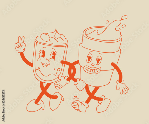 Retro poster with coffee mascot, cartoon characters, funny colorful doodle style characters, cappuccino, cocoa, latte, espresso. Vector illustration with typography elements