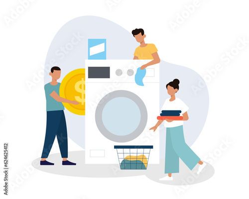 Concept of public laundry and dry cleaning. Young people pay for washing in washing machine. Female holding clean clothes. Flat vector illustration in blue colors in cartoon style