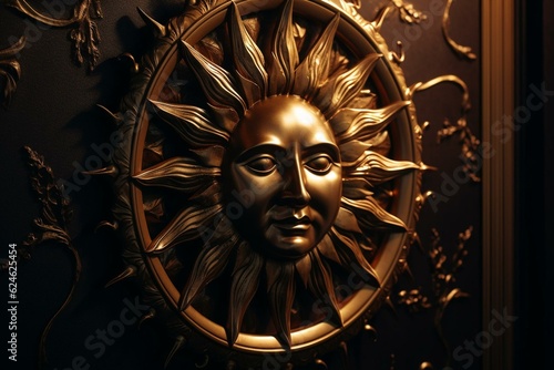 A gold and black framed sun and moon on a black wall with a gold bordered sun and half face. Generative AI