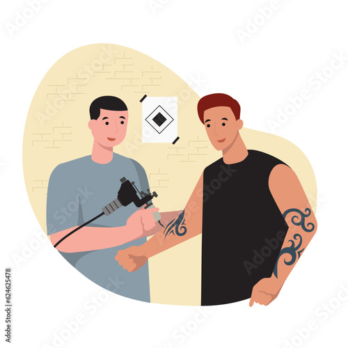 Man getting tattoo on arm in salon. Tattoo artists work process. Professional specialists with tools painting on body of clients in salon. Flat vector illustration in cartoon style