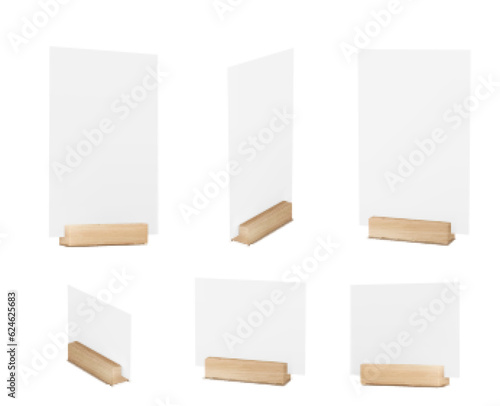 Mockup of menu card in table holder. Wooden stand for display paper banner or flyer. 3d blank white posters different size in desktop stand, vector realistic set