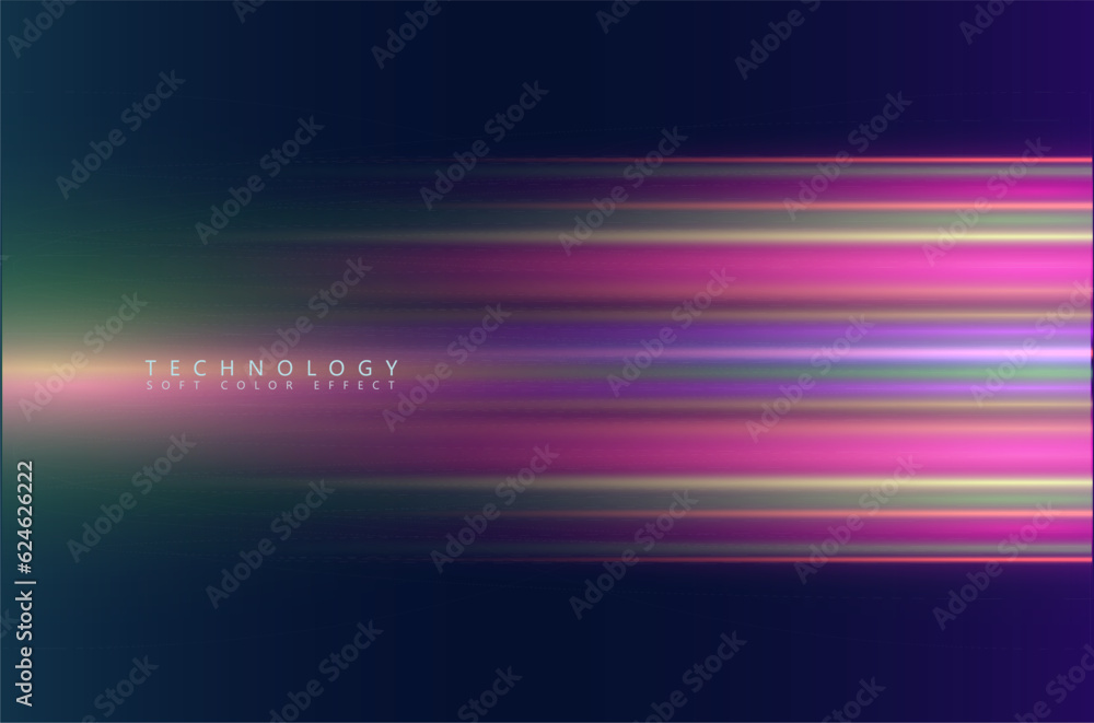 Futuristic colorful abstract background. Horizontal light lines, glowing trails on the blue and purple surface. 